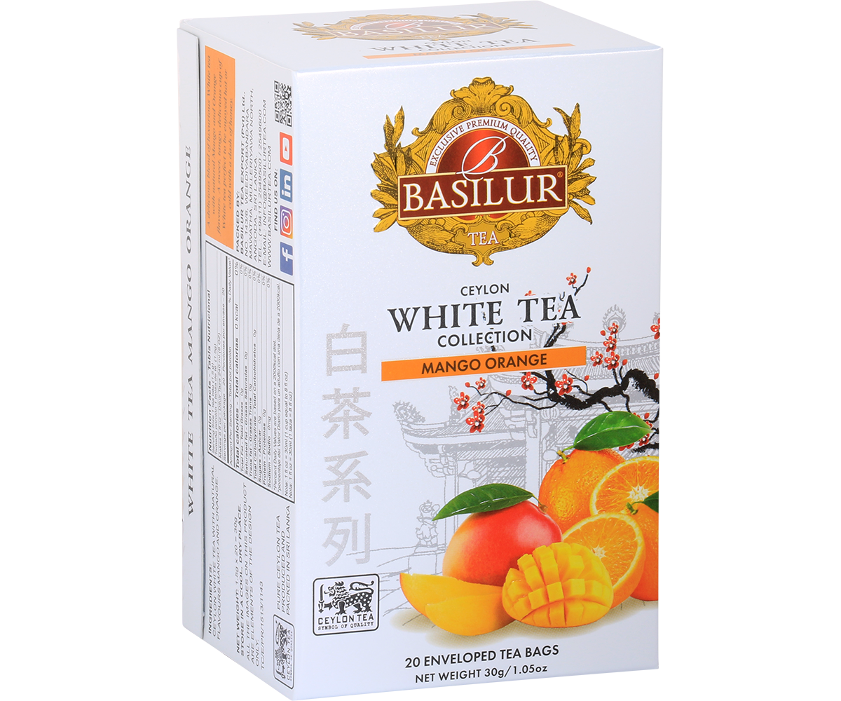 Opakowanie herbaty Basilur Mango Orange 20 x 1,5 g – biała herbata w kopertach o smaku mango i pomarańczy.