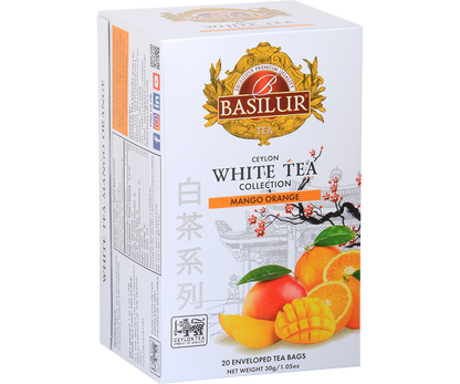 Opakowanie herbaty Basilur Mango Orange 20 x 1,5 g – biała herbata w kopertach o smaku mango i pomarańczy.