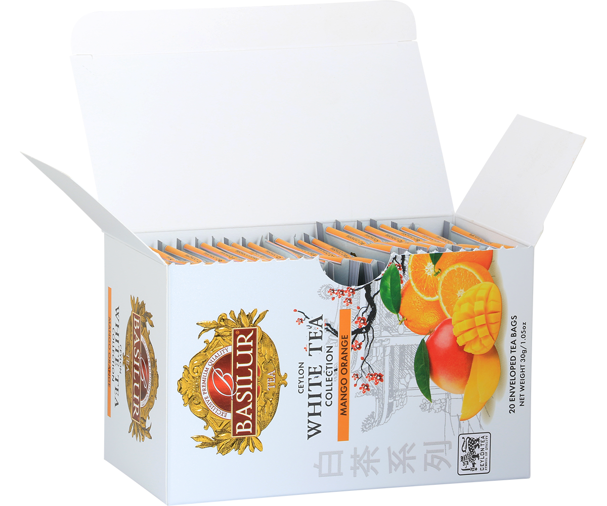 Widok otwartego opakowania Basilur Mango Orange – koperty z białą herbatą o aromacie tropikalnym.