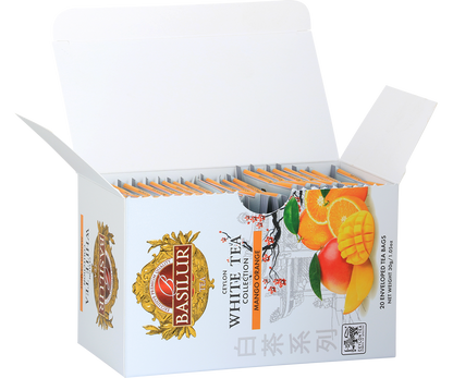 Widok otwartego opakowania Basilur Mango Orange – koperty z białą herbatą o aromacie tropikalnym.