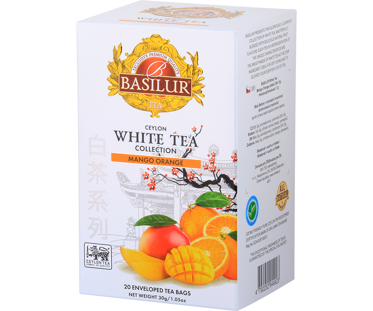 Bok pudełka Basilur Mango Orange – skład i informacje o herbacie białej z mango i pomarańczą.