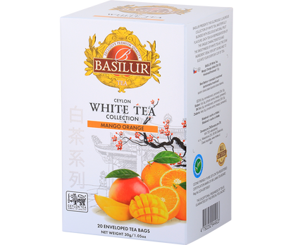 Bok pudełka Basilur Mango Orange – skład i informacje o herbacie białej z mango i pomarańczą.