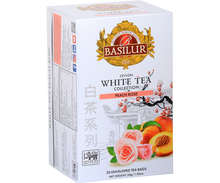 Opakowanie herbaty Basilur Peach Rose 20 x 1,5 g – biała herbata w kopertach z brzoskwinią i różą.