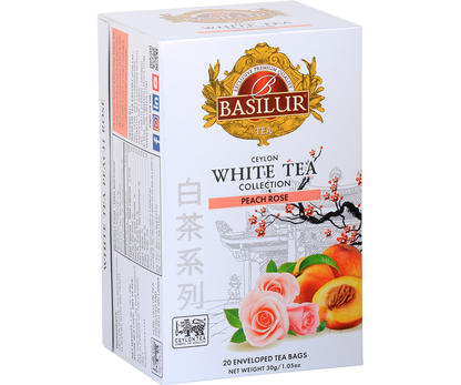 Opakowanie herbaty Basilur Peach Rose 20 x 1,5 g – biała herbata w kopertach z brzoskwinią i różą.