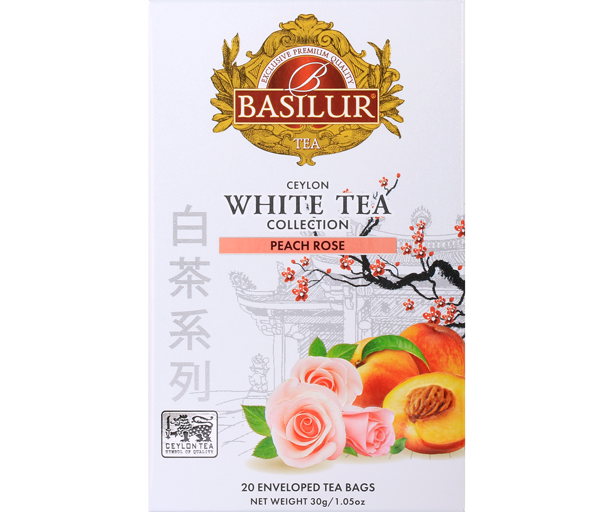Front pudełka Basilur Peach Rose – elegancka biała herbata o aromacie różanym i owocowym.