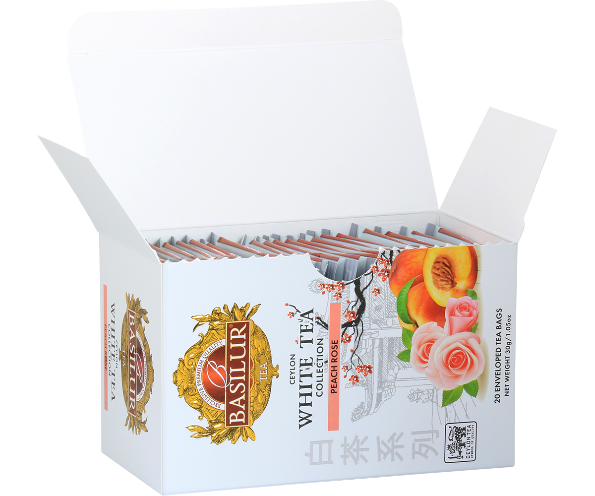 Otwarta herbata Basilur Peach Rose – koperty z białą herbatą o smaku brzoskwini i róży.