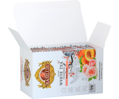 Otwarta herbata Basilur Peach Rose – koperty z białą herbatą o smaku brzoskwini i róży.