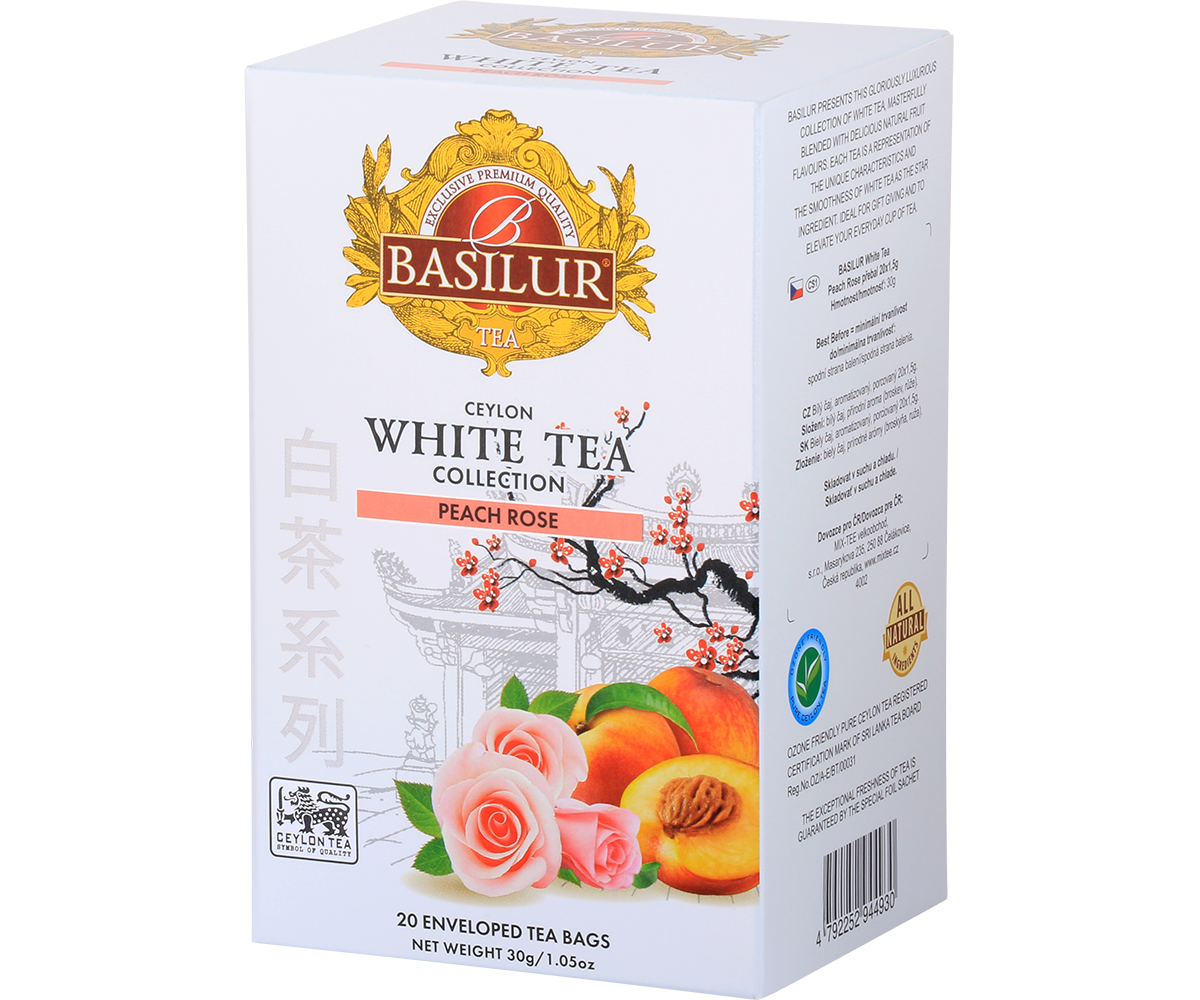 Bok opakowania Basilur Peach Rose – opis i skład białej herbaty premium z nutą kwiatową.