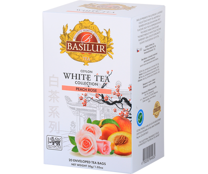 Bok opakowania Basilur Peach Rose – opis i skład białej herbaty premium z nutą kwiatową.