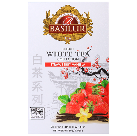 Front pudełka Basilur Strawberry Vanilla – elegancka biała herbata o aromacie truskawkowo-waniliowym.