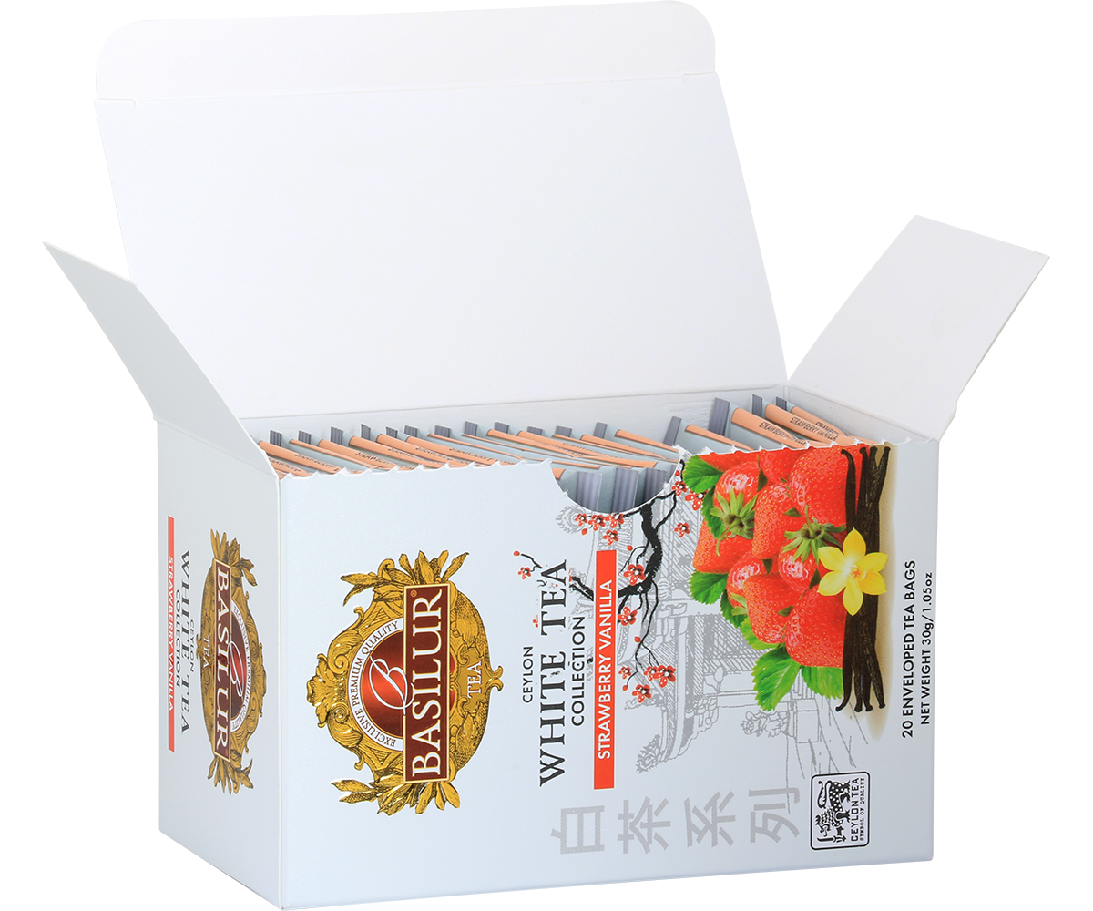 Otwarta herbata Basilur Strawberry Vanilla – koperty z białą herbatą o smaku truskawki i wanilii.