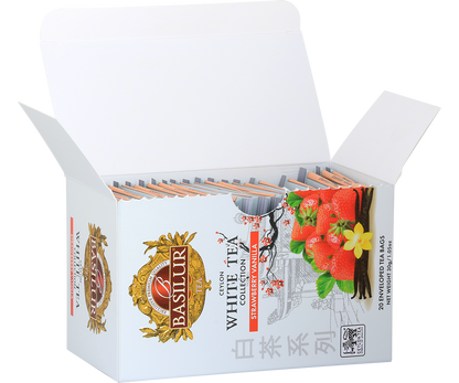 Otwarta herbata Basilur Strawberry Vanilla – koperty z białą herbatą o smaku truskawki i wanilii.