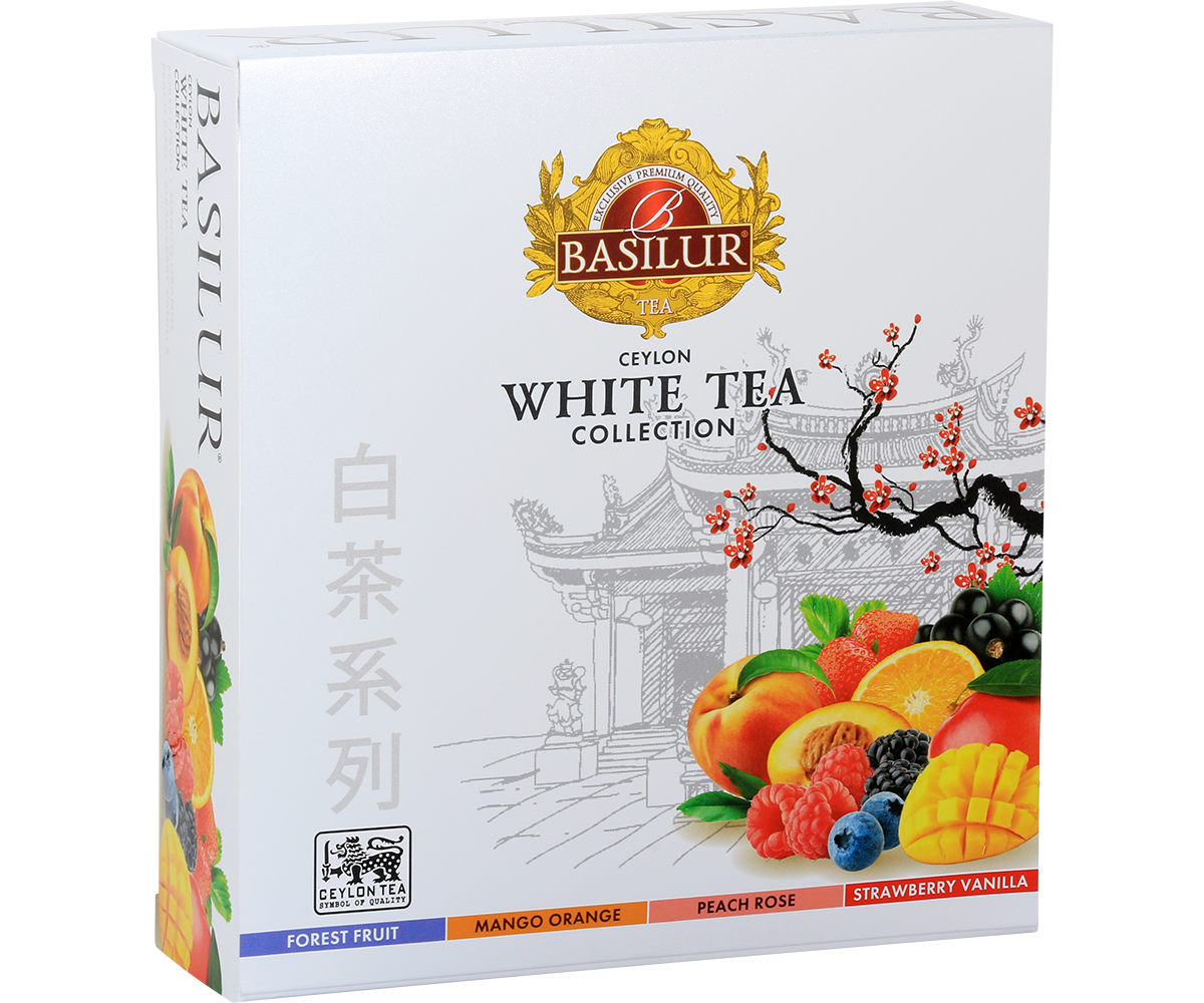 Zestaw herbat Basilur White Tea Collection w eleganckim opakowaniu z owocami i motywem orientalnym.