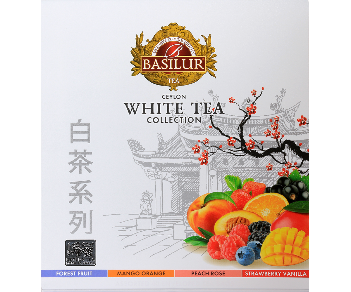Opakowanie Basilur White Tea Collection z widocznymi smakami: Forest Fruit, Mango Orange, Peach Rose, Strawberry Vanilla.