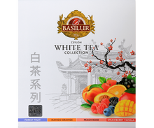 Opakowanie Basilur White Tea Collection z widocznymi smakami: Forest Fruit, Mango Orange, Peach Rose, Strawberry Vanilla.
