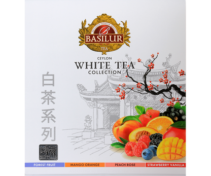 Opakowanie Basilur White Tea Collection z widocznymi smakami: Forest Fruit, Mango Orange, Peach Rose, Strawberry Vanilla.