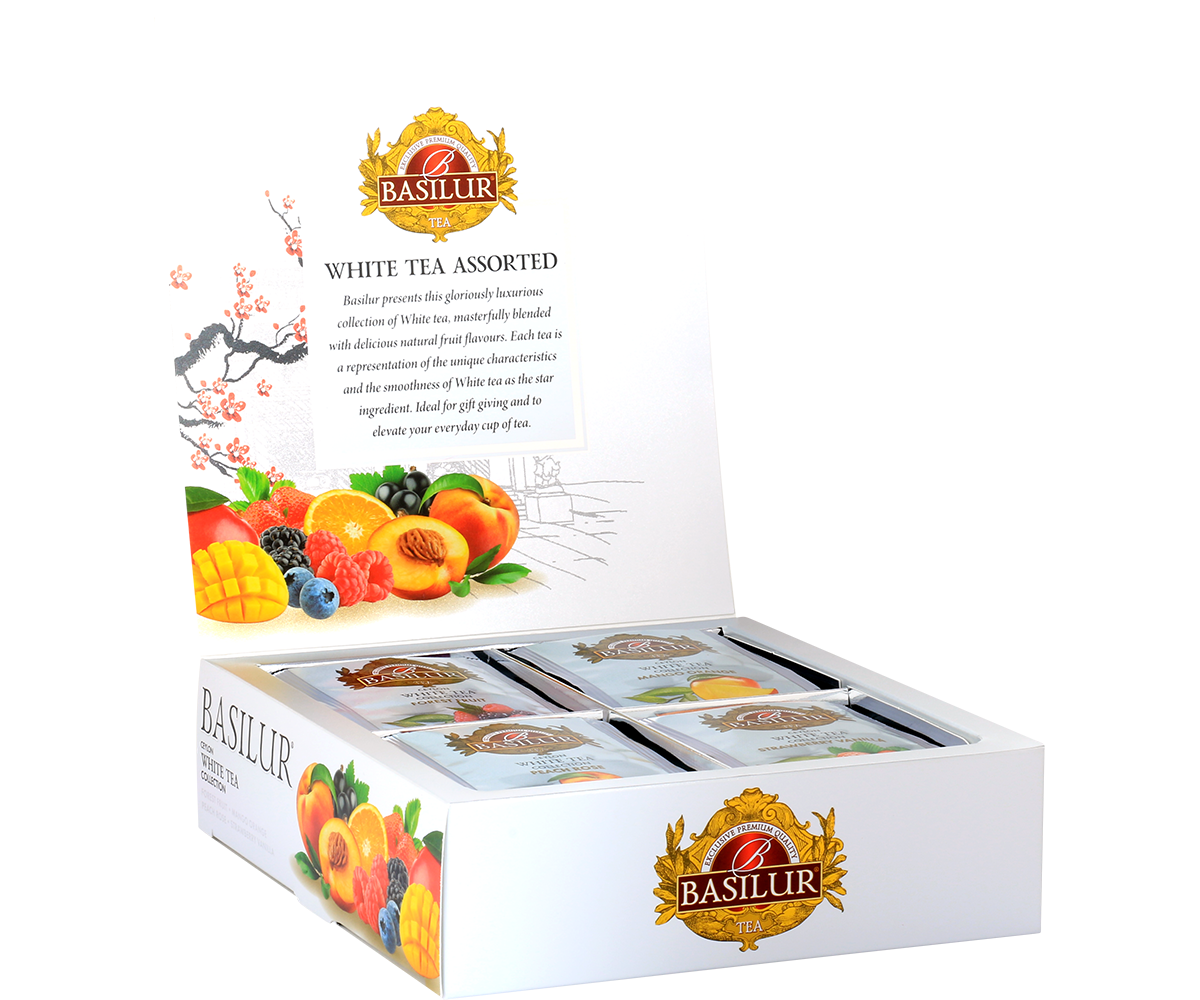 Wnętrze zestawu Basilur White Tea Collection z czterema rodzajami białej herbaty w kopertach.