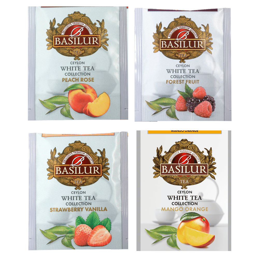 Grafika przedstawiajaca 4 kopert z zestawu herbat Basilur White tea