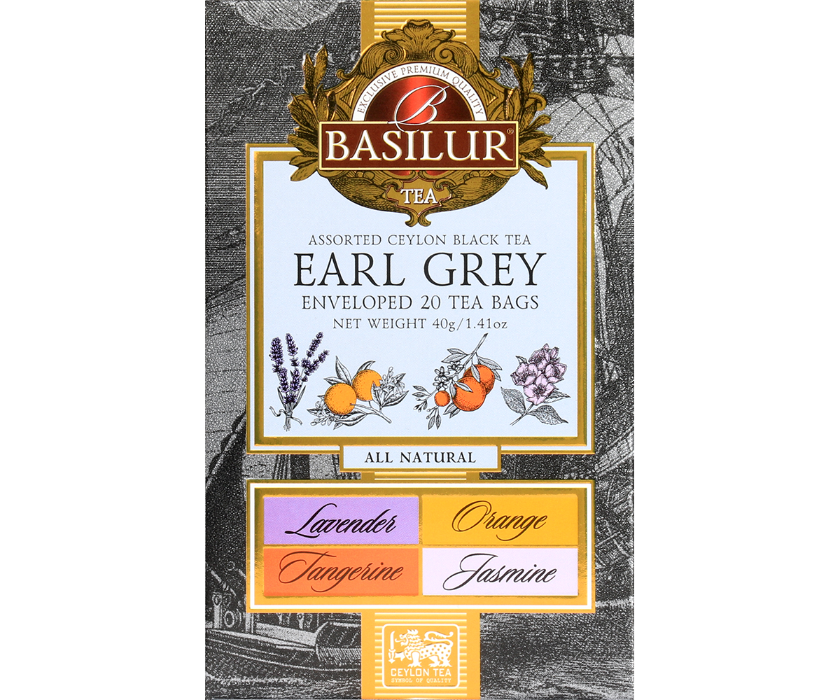 Opakowanie herbat Basilur Earl Grey Assorted z czterema smakami.