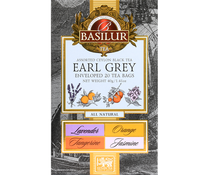 Opakowanie herbat Basilur Earl Grey Assorted z czterema smakami.