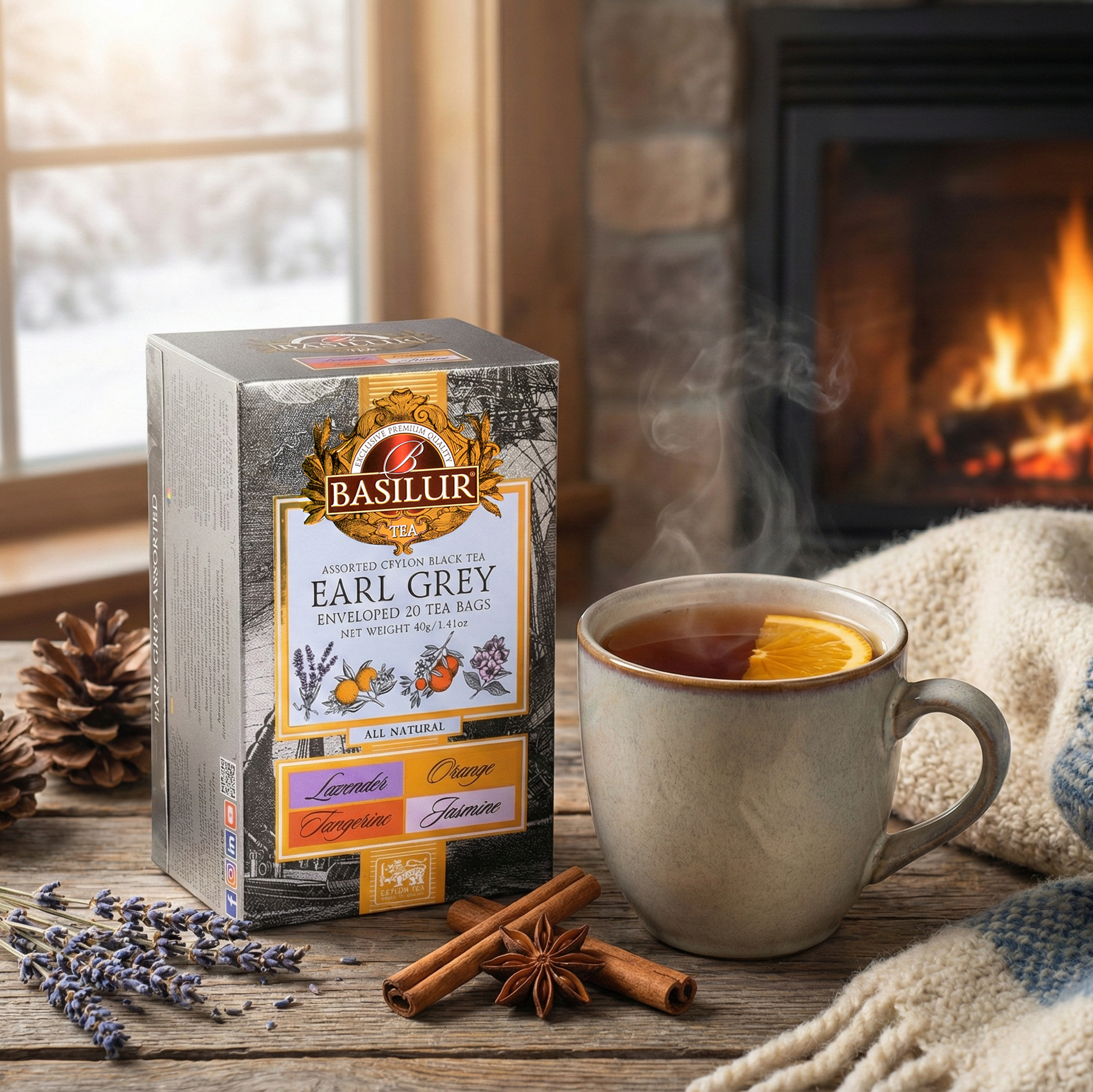Opakowanie herbaty Earl Grey Basilur obok filiżanki z gorącym naparem, przyprawami korzennymi i kominkiem w zimowym wnętrzu