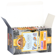 Otwarte pudełko Basilur Earl Grey z zapakowanymi torebkami herbat.