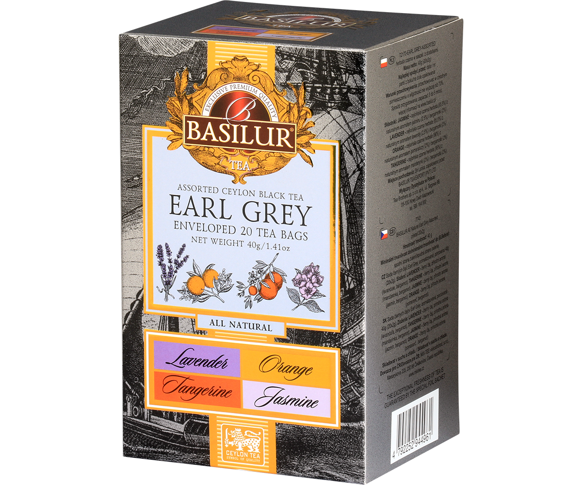 Bok opakowania Basilur Earl Grey z eleganckim wzorem i logo marki.