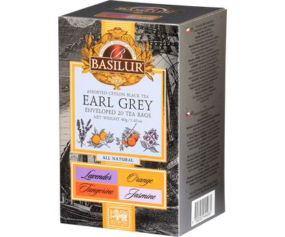 Bok opakowania Basilur Earl Grey z eleganckim wzorem i logo marki.