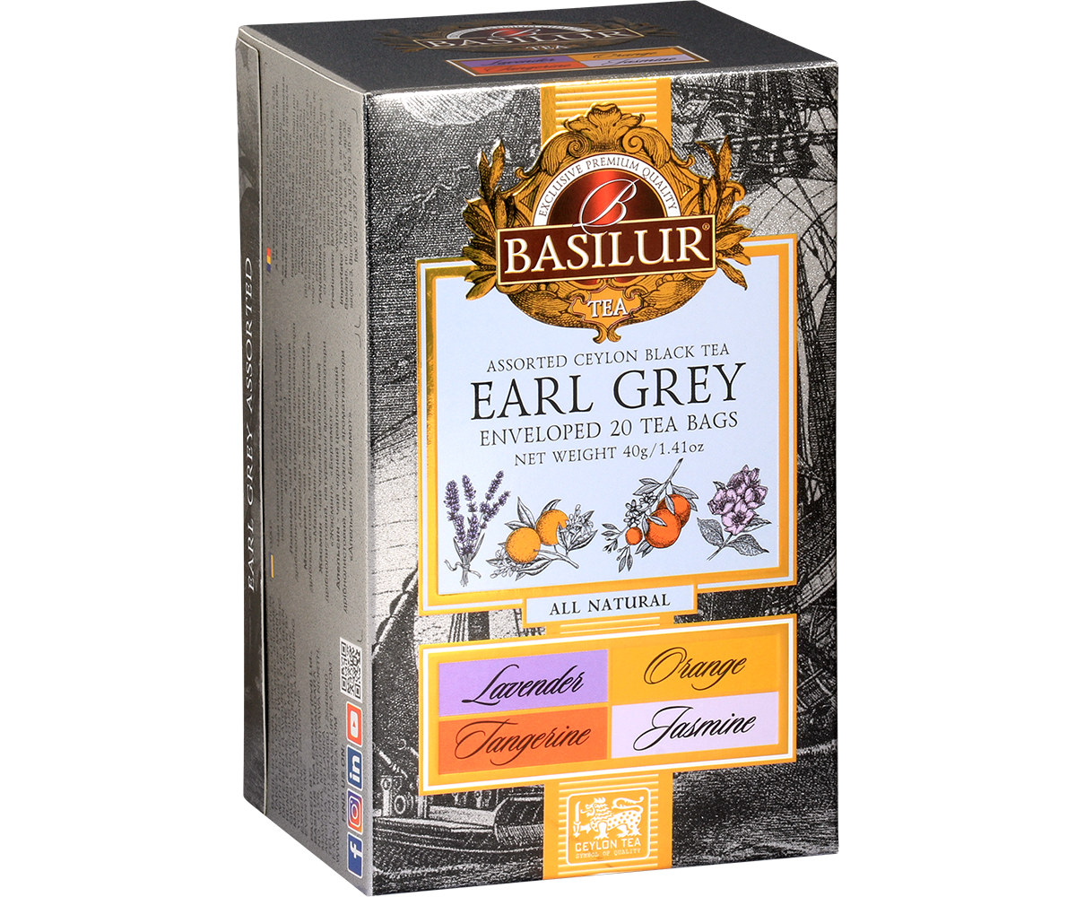 Przód zestawu Basilur Earl Grey Assorted z aromatami Lavender, Orange, Tangerine i Jasmine.
