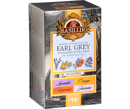 Przód zestawu Basilur Earl Grey Assorted z aromatami Lavender, Orange, Tangerine i Jasmine.