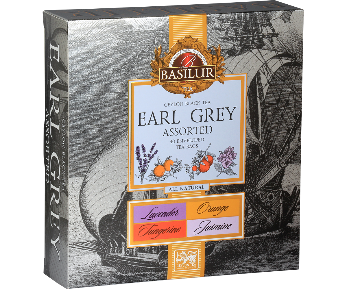 Opakowanie herbaty Basilur Earl Grey Assorted 40 torebek z czarnej herbaty cejlońskiej w czterech smakach.