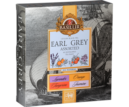 Opakowanie herbaty Basilur Earl Grey Assorted 40 torebek z czarnej herbaty cejlońskiej w czterech smakach.