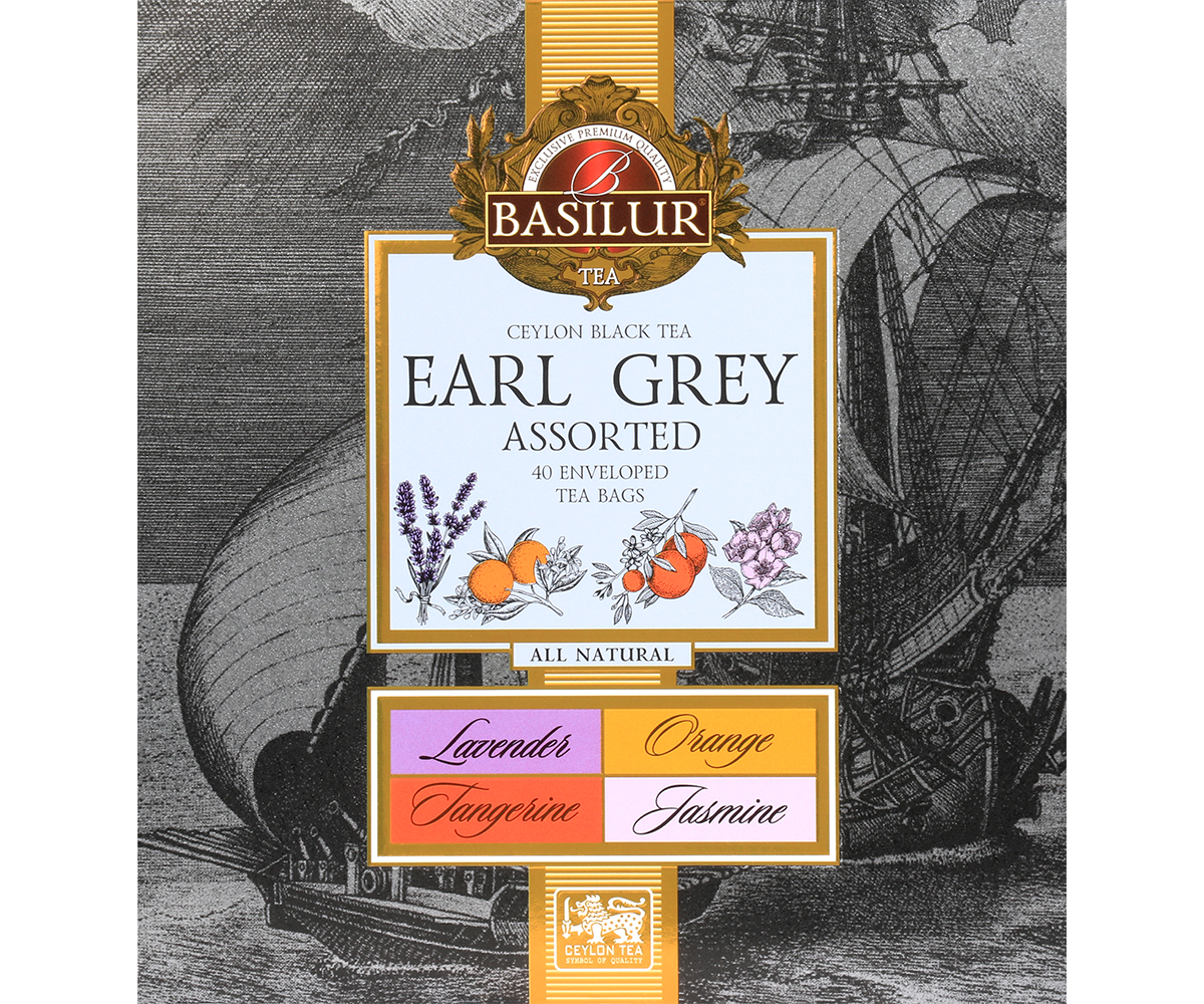 Zbliżenie na pudełko Basilur Earl Grey Assorted z ilustracją żaglowca i smakami lawenda, pomarańcza, mandarynka, jaśmin.