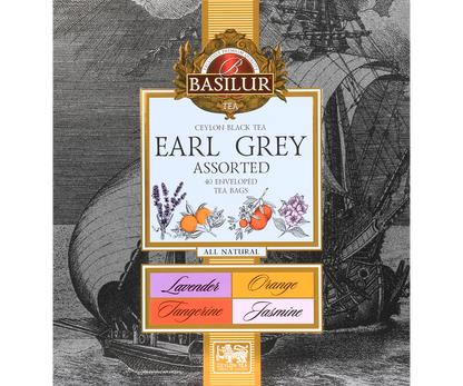 Zbliżenie na pudełko Basilur Earl Grey Assorted z ilustracją żaglowca i smakami lawenda, pomarańcza, mandarynka, jaśmin.