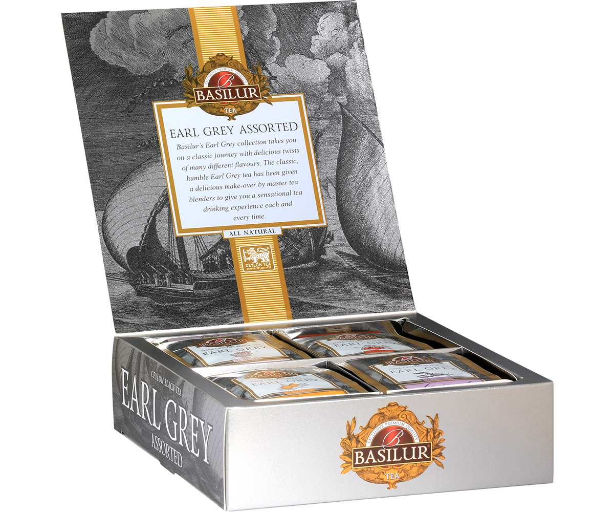 Otwarty zestaw herbat Basilur Earl Grey Assorted z widocznymi torebkami herbaty wewnątrz.