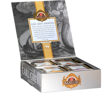 Otwarty zestaw herbat Basilur Earl Grey Assorted z widocznymi torebkami herbaty wewnątrz.
