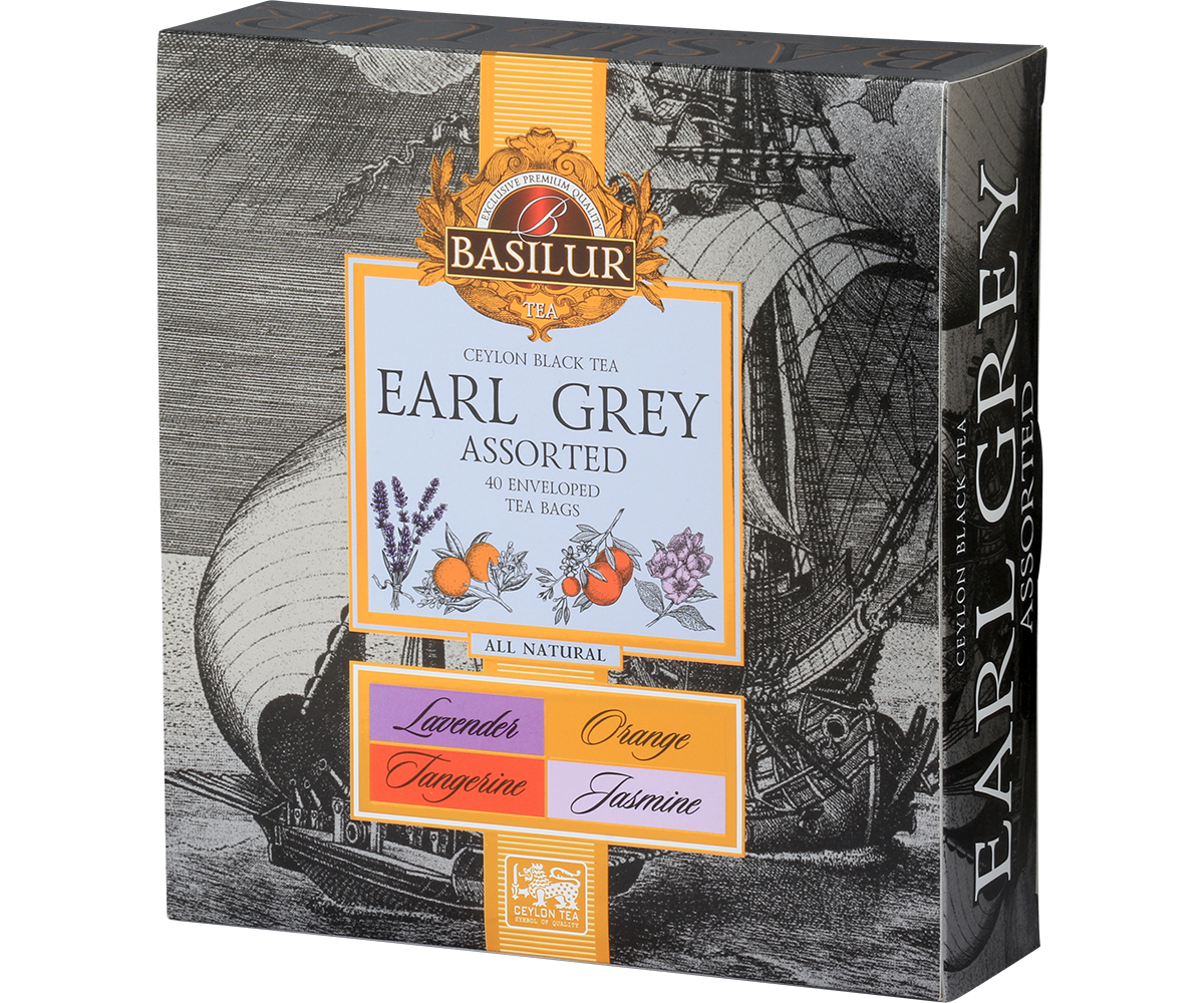Herbata Basilur Earl Grey Assorted w eleganckim srebrnym opakowaniu z motywem statku i logo Basilur.