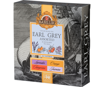 Herbata Basilur Earl Grey Assorted w eleganckim srebrnym opakowaniu z motywem statku i logo Basilur.