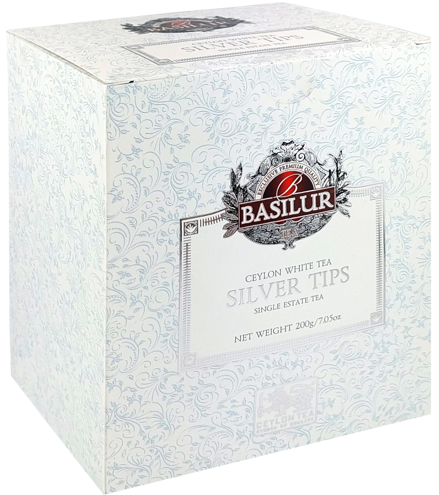 Bok pudełka Basilur Silver Tips z delikatnym ornamentem i logo marki.