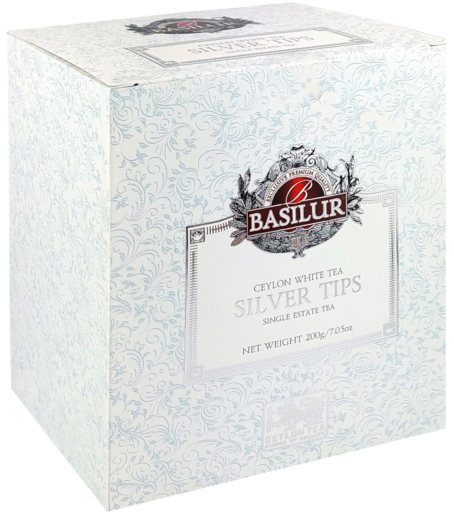 Bok pudełka Basilur Silver Tips z delikatnym ornamentem i logo marki.