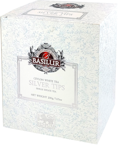 Drewniane opakowanie Basilur Silver Tips – luksusowa herbata cejlońska premium.