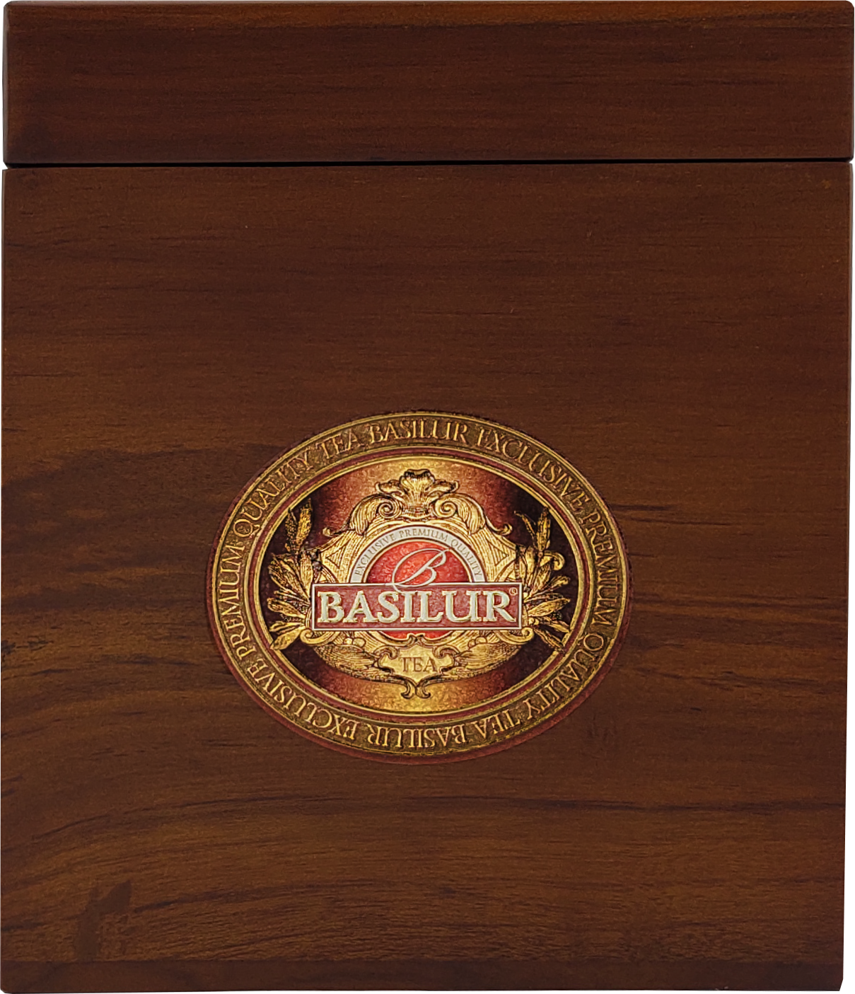 Drewniane pudełko Basilur Silver Tips z logo – eleganckie opakowanie białej herbaty cejlońskiej.