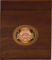 Drewniane pudełko Basilur Silver Tips z logo – eleganckie opakowanie białej herbaty cejlońskiej.