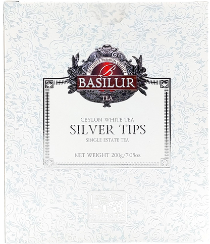 Opakowanie Basilur Silver Tips – biała herbata Ceylon White Tea z pojedynczej plantacji.