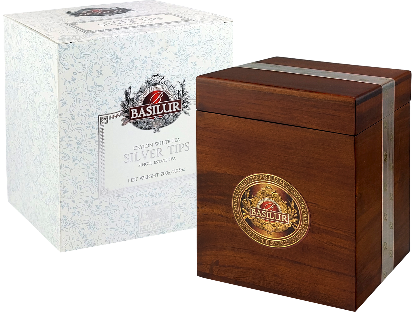 Zestaw Basilur Silver Tips – biała herbata w drewnianym pudełku i ozdobnym kartonie.