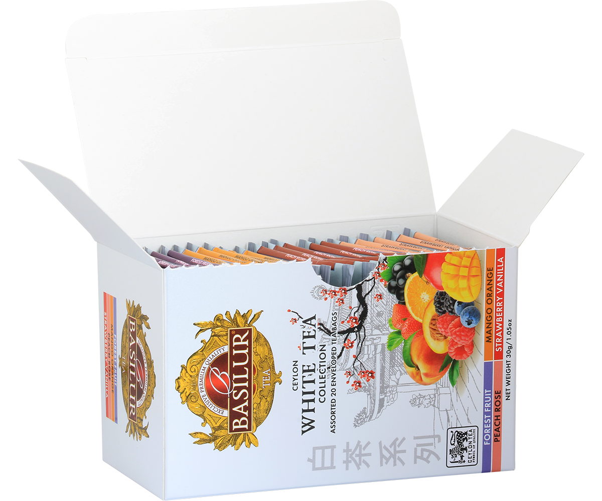 Otwarta paczka herbat Basilur White Tea Collection – 20 torebek w różnych smakach.