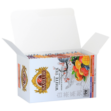 Otwarta paczka herbat Basilur White Tea Collection – 20 torebek w różnych smakach.