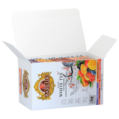 Otwarta paczka herbat Basilur White Tea Collection – 20 torebek w różnych smakach.