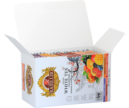 Otwarta paczka herbat Basilur White Tea Collection – 20 torebek w różnych smakach.