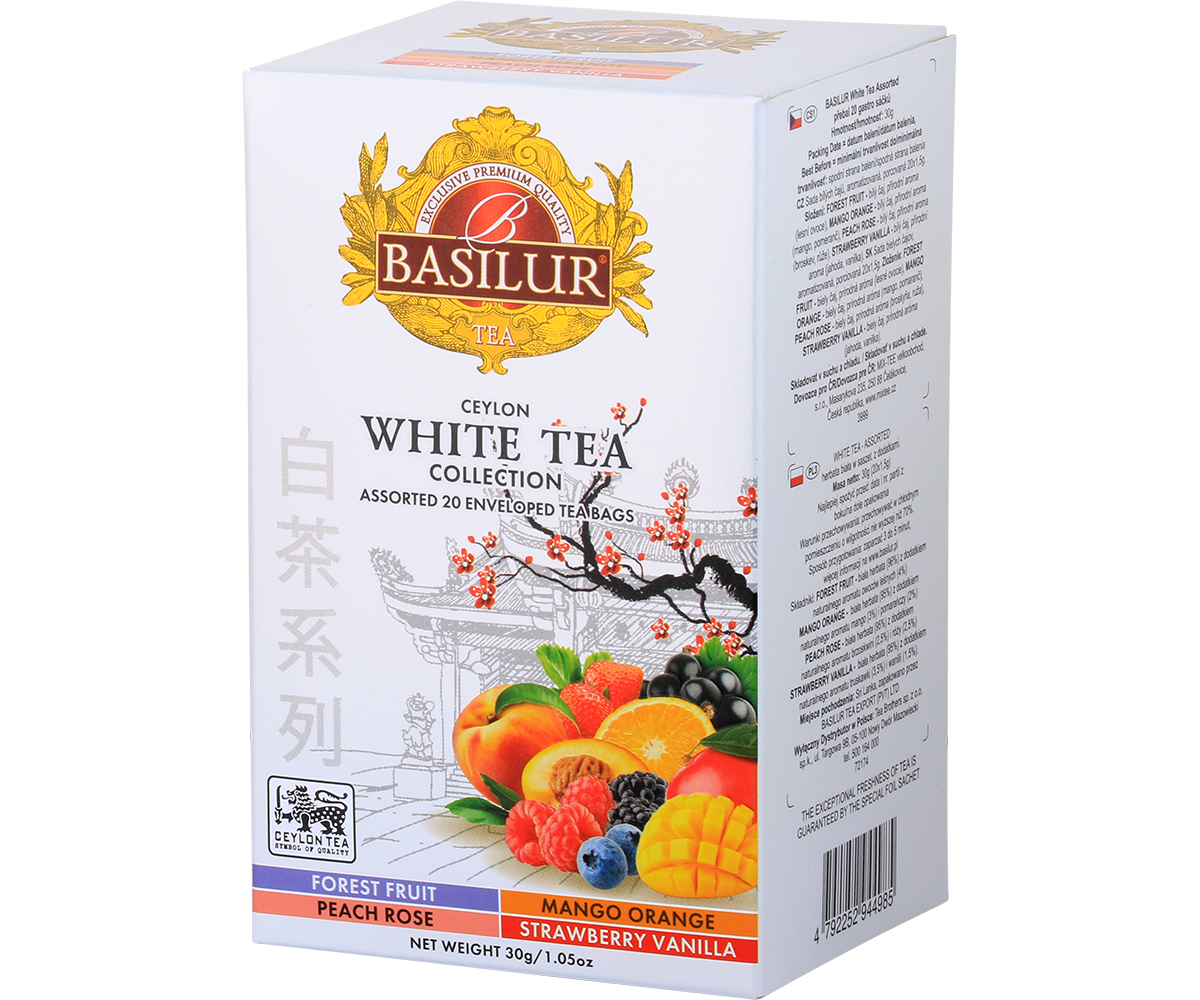 Opakowanie Basilur White Tea Collection z czterema smakami białych herbat cejlońskich.